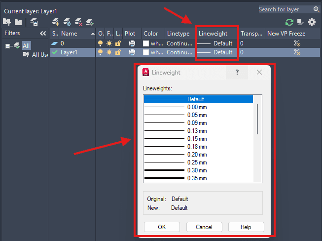 Line thickness settings in AutoCAD 4