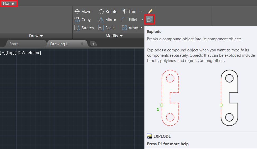 اجرای دستور Explode با استفاده از نوار Ribbon