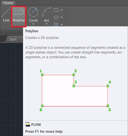 اجرای دستور Polyline با استفاده از نوار Ribbon